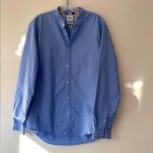 Zara Men's Mandarin Collar Blue Chambray Button Down Shirt